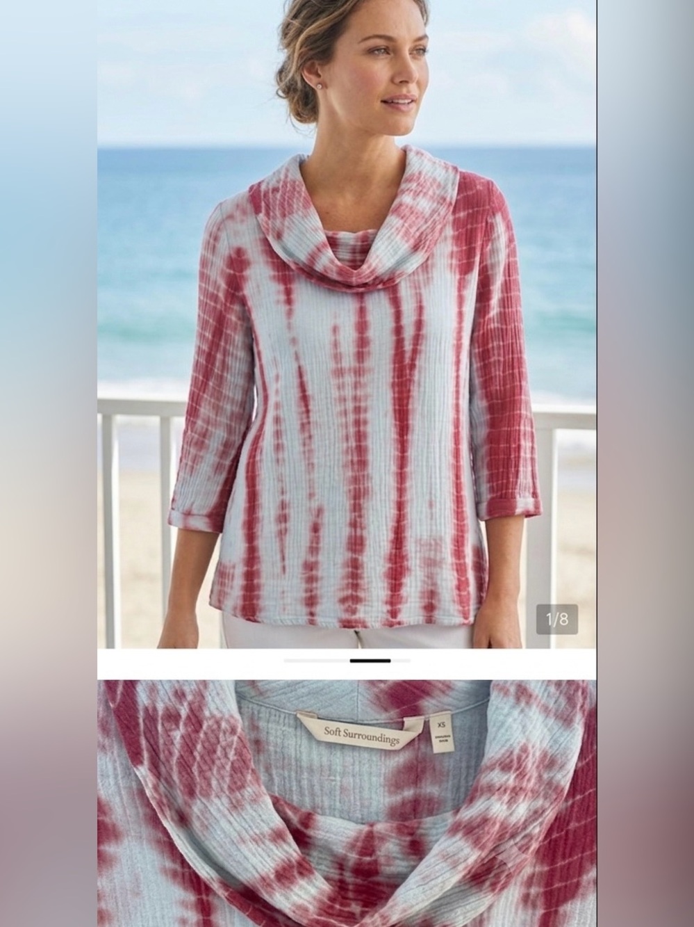 Soft Surroundings Redish and White Tie-Dye Cowl Neck Pullover